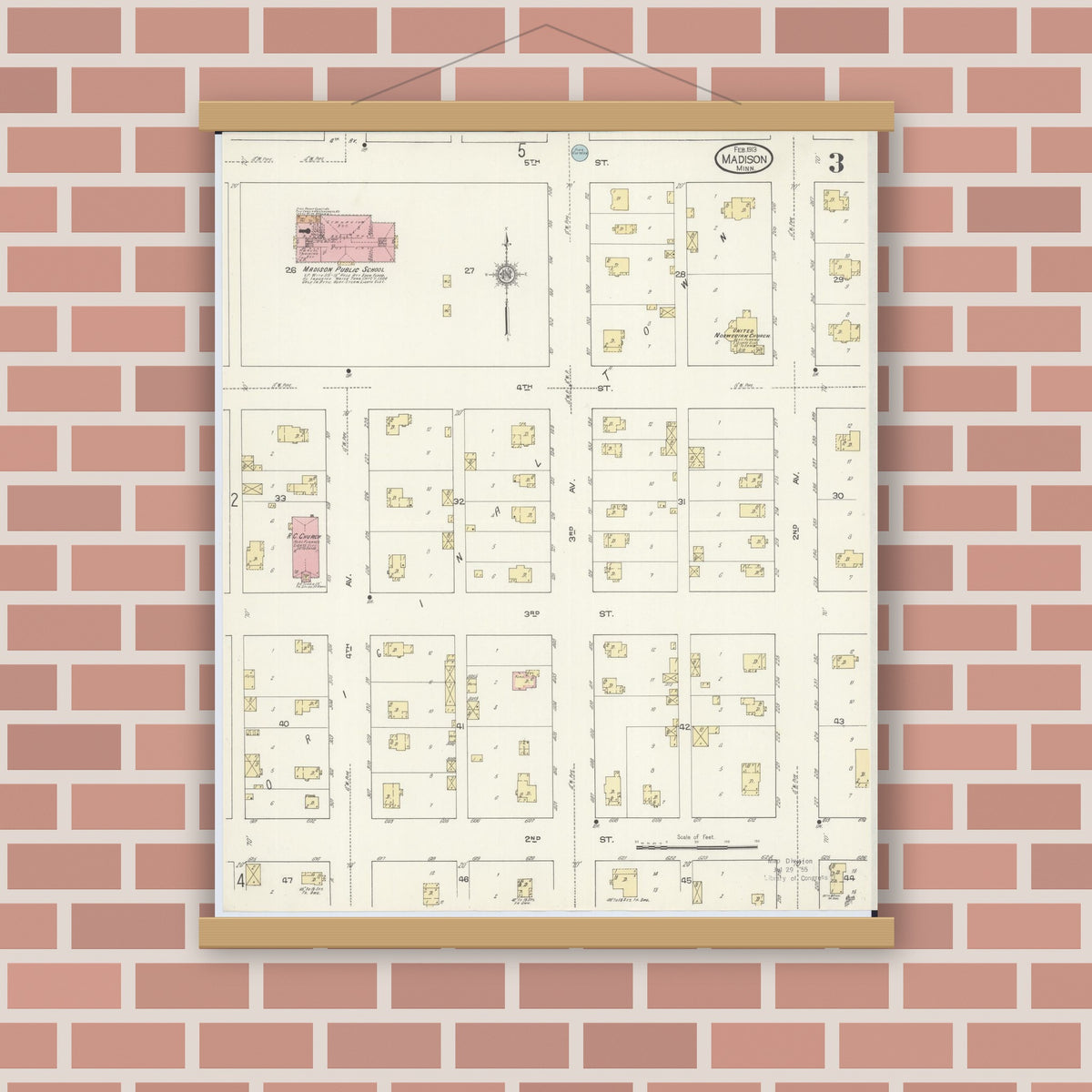 Old map wall art mockup — magnetic wood frame on brick wall — Sanborn Fire Insurance Map from Madison, Lac Qui Parle County, Minnesota (1913), Sheet #0003