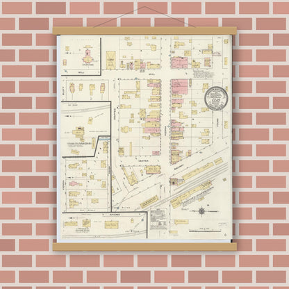 Old map wall art mockup — magnetic wood frame on brick wall — Sanborn Fire Insurance Map from Clio, Genesee County, Michigan (1910), Sheet #0001