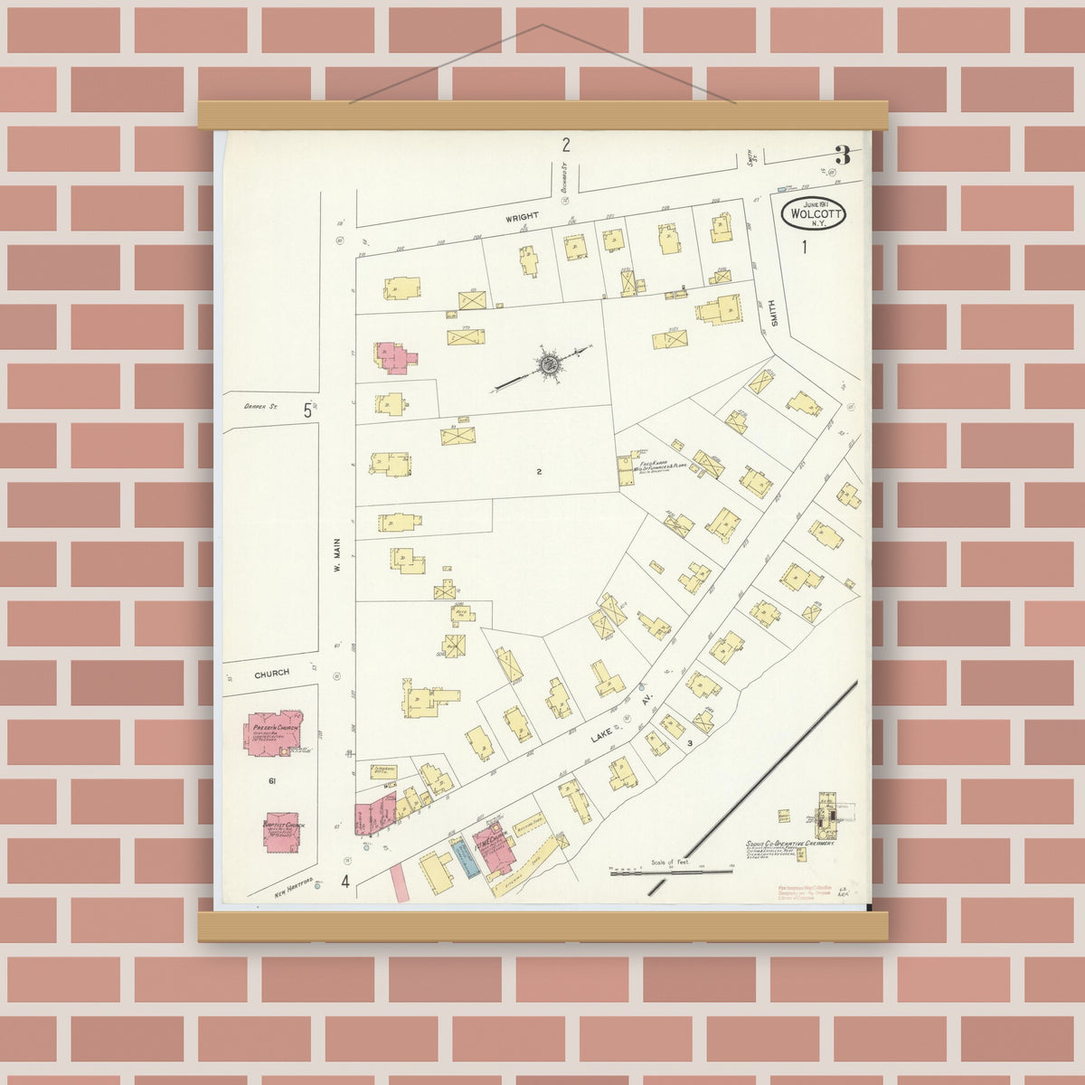 Old map wall art mockup — magnetic wood frame on brick wall — Sanborn Fire Insurance Map from Wolcott, Wayne County, New York (1911), Sheet #0003