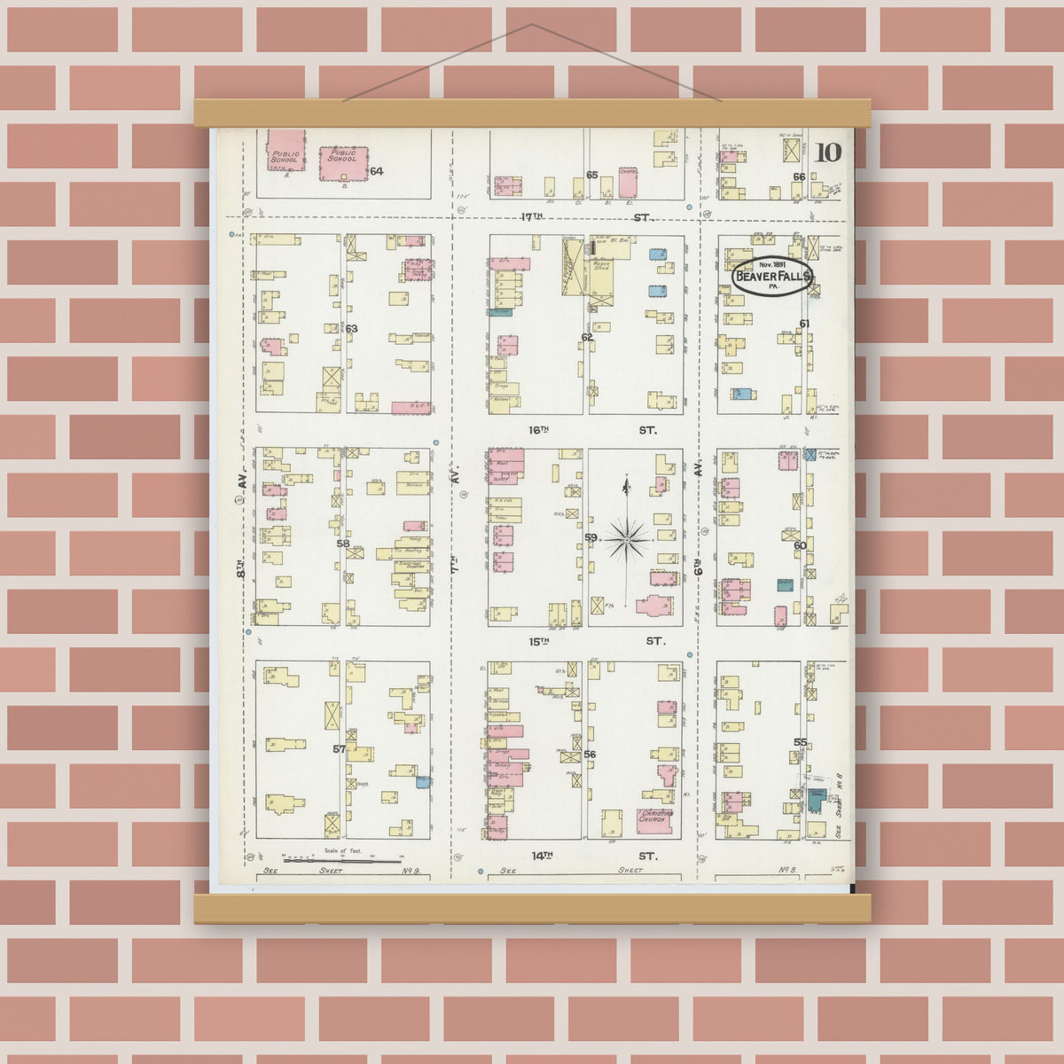 Old map wall art mockup — magnetic wood frame on brick wall — Sanborn Fire Insurance Map from Beaver Falls, Beaver County, Pennsylvania (1891), Sheet #0010