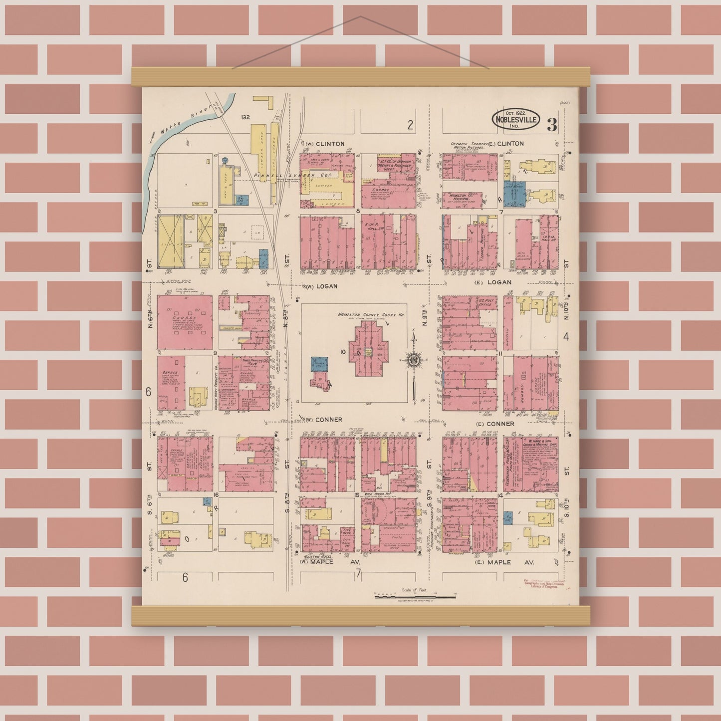 Old map wall art mockup — magnetic wood frame on brick wall — Sanborn Fire Insurance Map from Noblesville, Hamilton County, Indiana (1922), Sheet #0003
