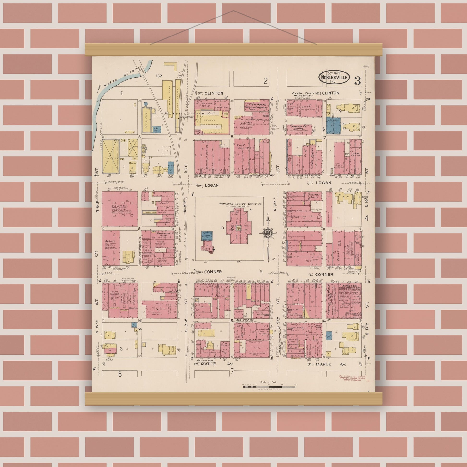 Old map wall art mockup — magnetic wood frame on brick wall — Sanborn Fire Insurance Map from Noblesville, Hamilton County, Indiana (1922), Sheet #0003