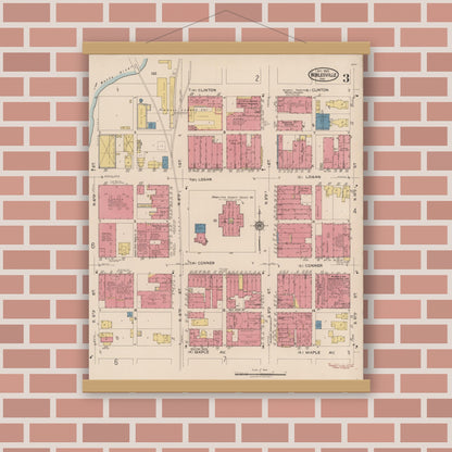 Old map wall art mockup — magnetic wood frame on brick wall — Sanborn Fire Insurance Map from Noblesville, Hamilton County, Indiana (1922), Sheet #0003