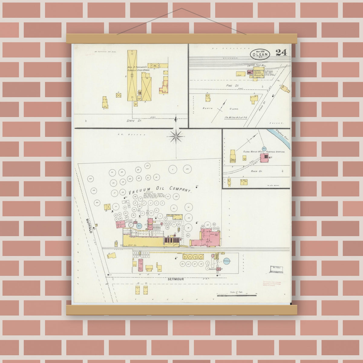 Old map wall art mockup — magnetic wood frame on brick wall — Sanborn Fire Insurance Map from Olean, Cattaraugus County, New York (1898), Sheet #0024