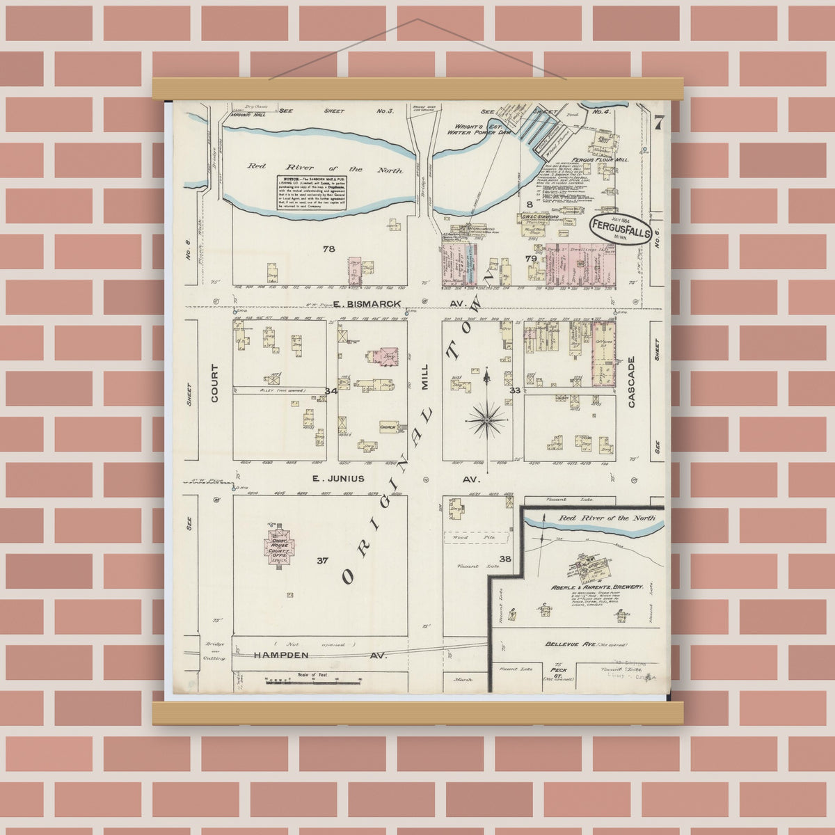 Old map wall art mockup — magnetic wood frame on brick wall — Sanborn Fire Insurance Map from Fergus Falls, Otter Tail County, Minnesota (1884), Sheet #0007