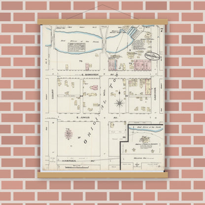 Old map wall art mockup — magnetic wood frame on brick wall — Sanborn Fire Insurance Map from Fergus Falls, Otter Tail County, Minnesota (1884), Sheet #0007