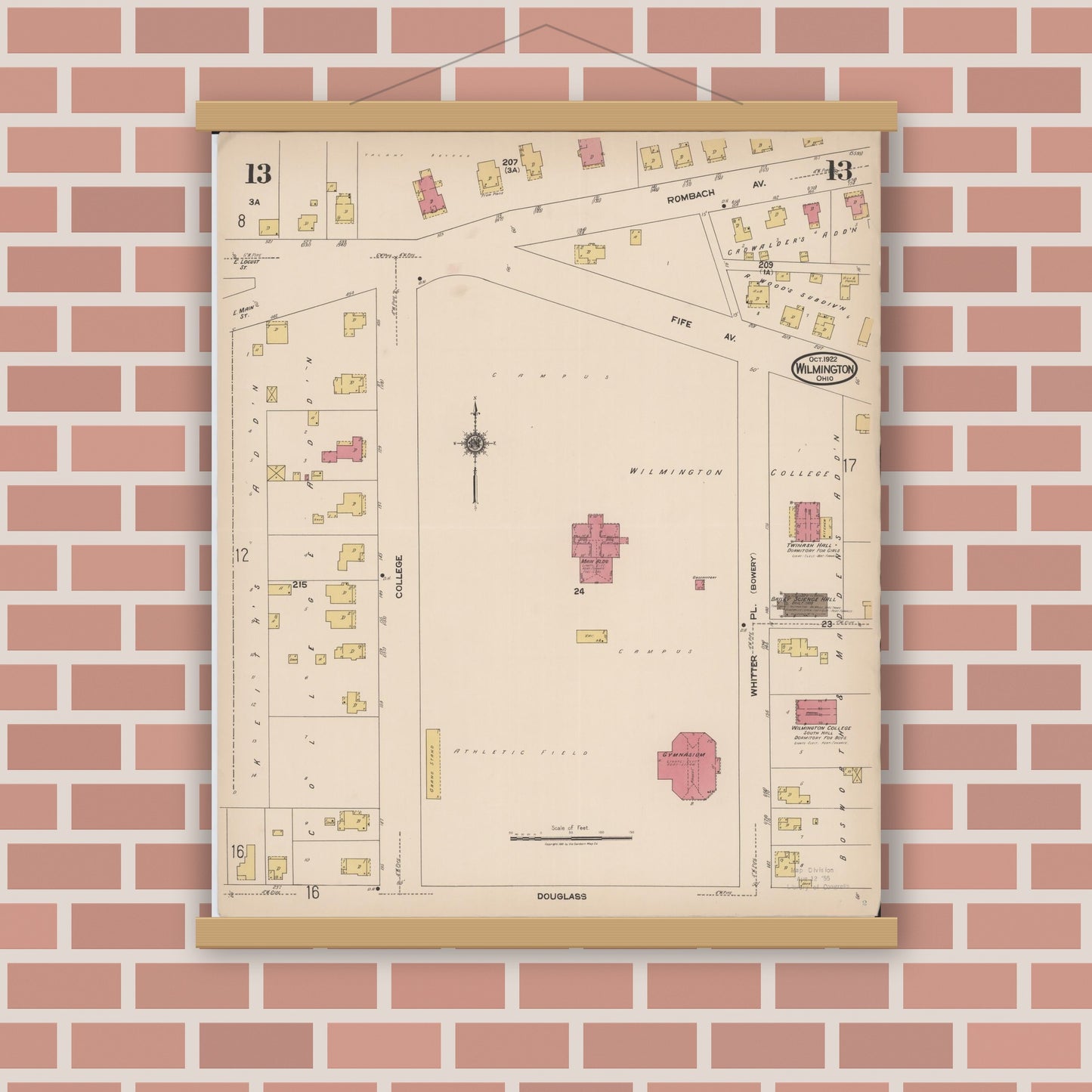 Old map wall art mockup — magnetic wood frame on brick wall — Sanborn Fire Insurance Map from Wilmington, Clinton County, Ohio (1922), Sheet #0013