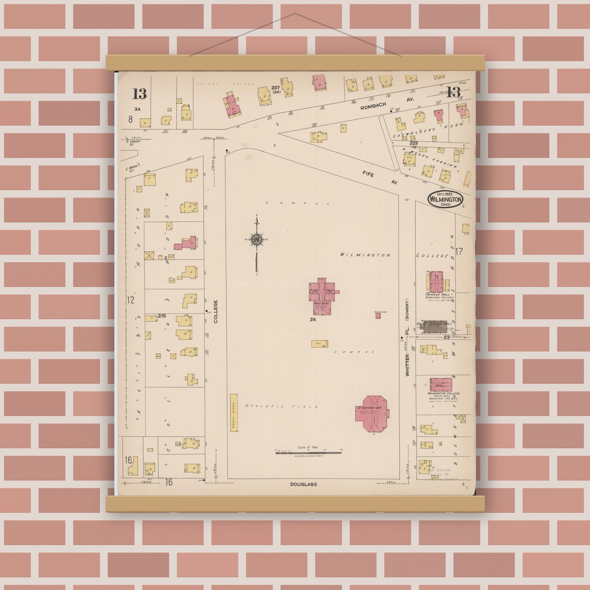 Old map wall art mockup — magnetic wood frame on brick wall — Sanborn Fire Insurance Map from Wilmington, Clinton County, Ohio (1922), Sheet #0013