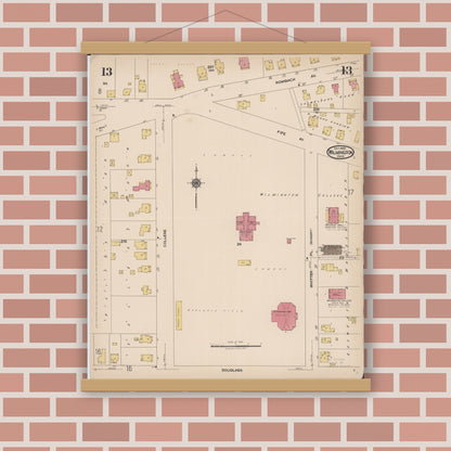 Old map wall art mockup — magnetic wood frame on brick wall — Sanborn Fire Insurance Map from Wilmington, Clinton County, Ohio (1922), Sheet #0013