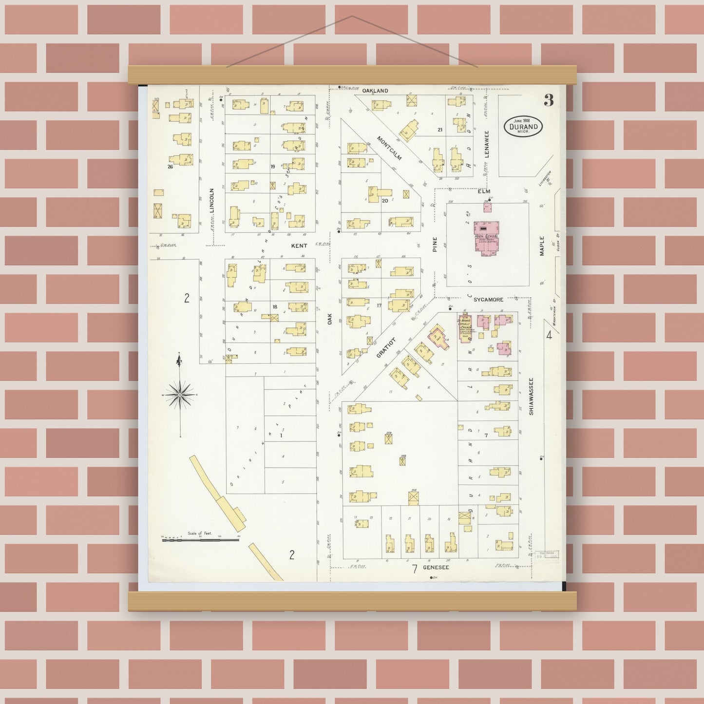 Old map wall art mockup — magnetic wood frame on brick wall — Sanborn Fire Insurance Map from Durand, Shiawassee County, Michigan (1908), Sheet #0003