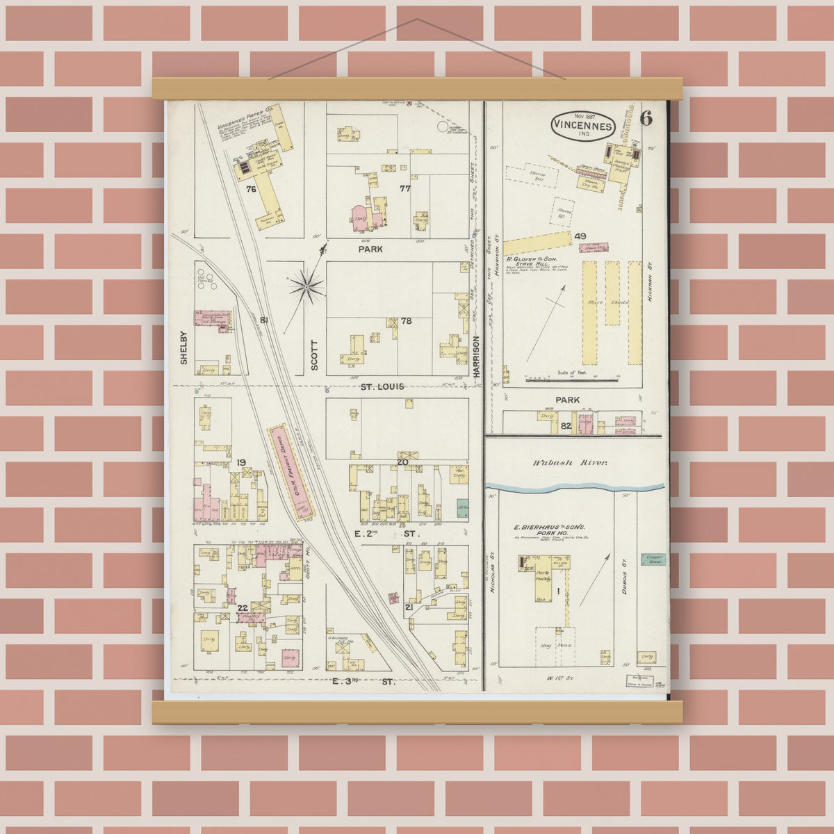 Old map wall art mockup — magnetic wood frame on brick wall — Sanborn Fire Insurance Map from Vincennes, Knox County, Indiana (1887), Sheet #0006