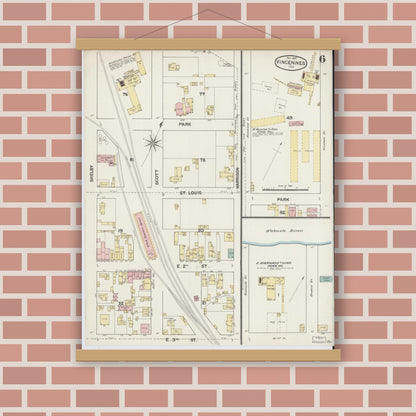 Old map wall art mockup — magnetic wood frame on brick wall — Sanborn Fire Insurance Map from Vincennes, Knox County, Indiana (1887), Sheet #0006