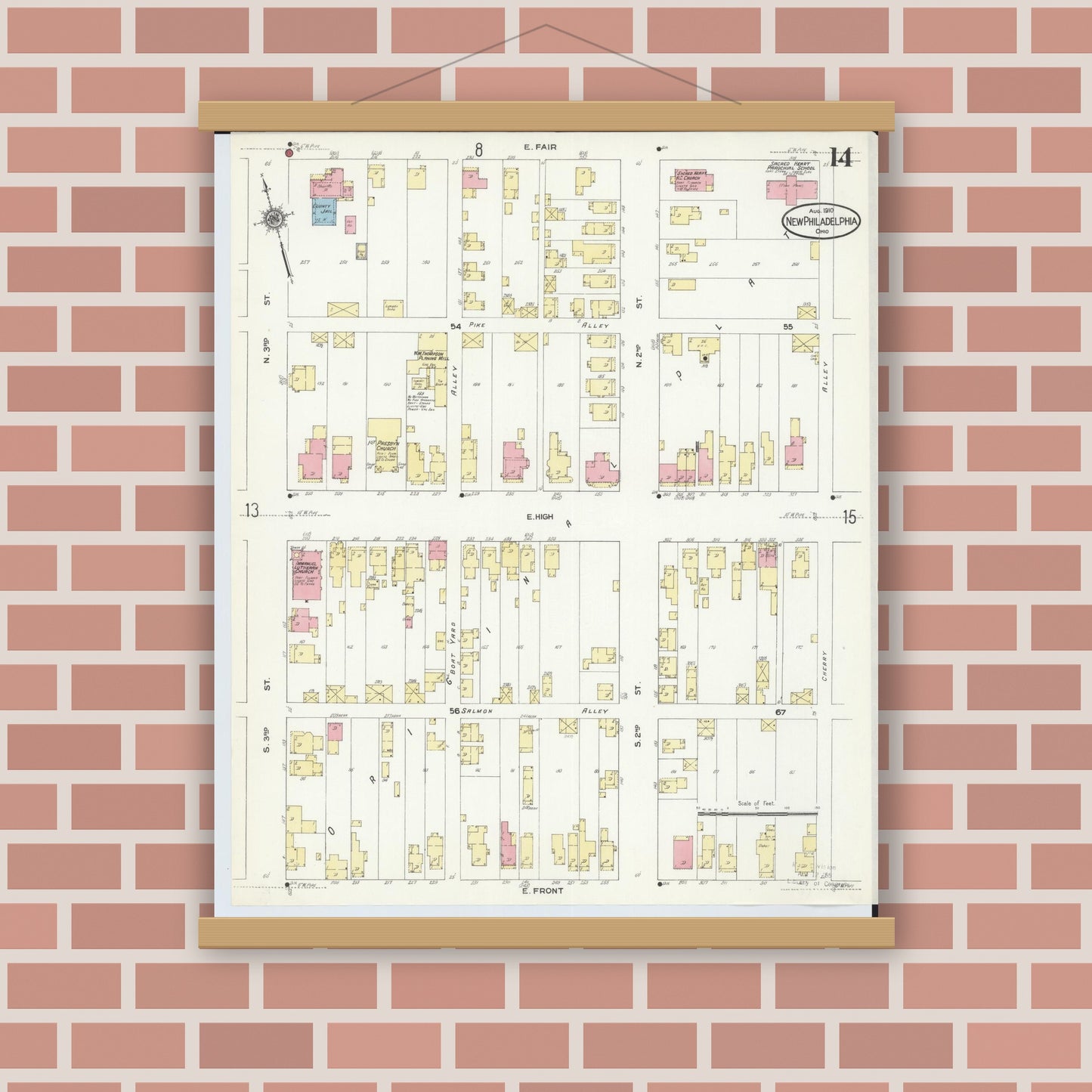 Old map wall art mockup — magnetic wood frame on brick wall — Sanborn Fire Insurance Map from New Philadelphia, Tuscarawas County, Ohio (1910), Sheet #0014