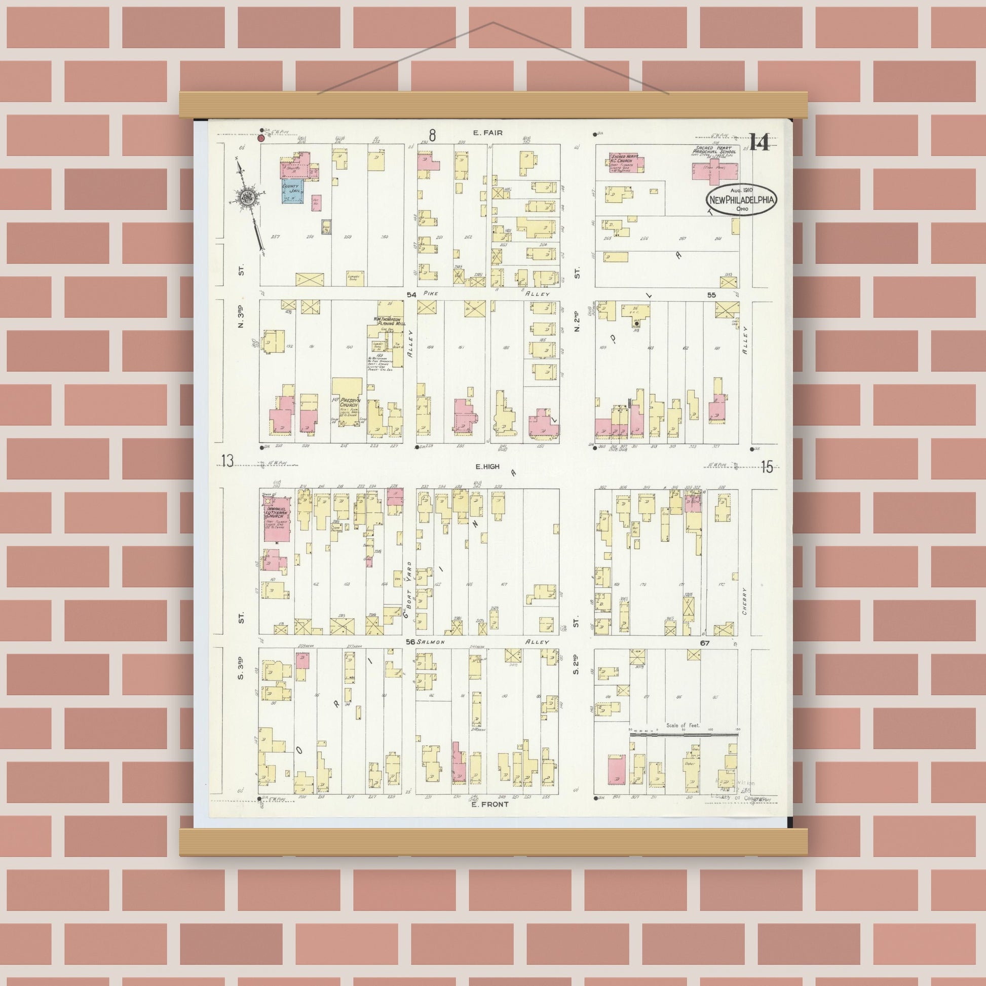 Old map wall art mockup — magnetic wood frame on brick wall — Sanborn Fire Insurance Map from New Philadelphia, Tuscarawas County, Ohio (1910), Sheet #0014