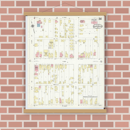 Old map wall art mockup — magnetic wood frame on brick wall — Sanborn Fire Insurance Map from New Philadelphia, Tuscarawas County, Ohio (1910), Sheet #0014