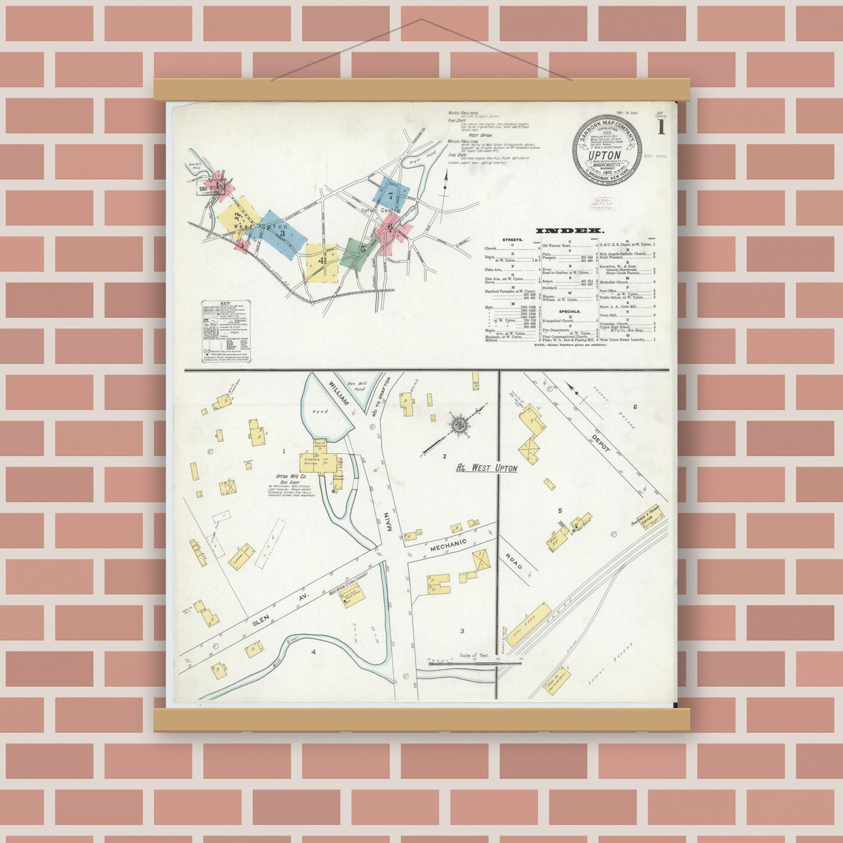 Old map wall art mockup — magnetic wood frame on brick wall — Sanborn Fire Insurance Map from Upton, Worcester County, Massachusetts (1910), Sheet #0001