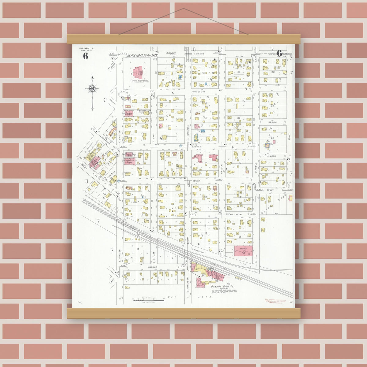 Old map wall art mockup — magnetic wood frame on brick wall — Sanborn Fire Insurance Map from Harvard, McHenry County, Illinois (1934), Sheet #0006