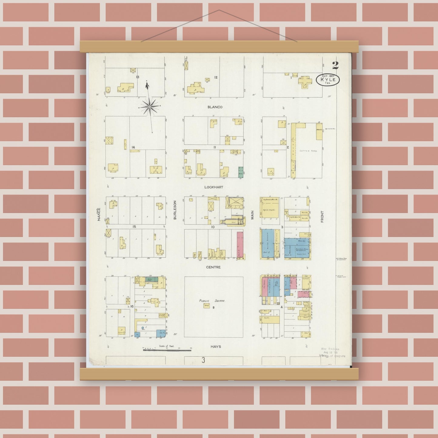 Old map wall art mockup — magnetic wood frame on brick wall — Sanborn Fire Insurance Map from Kyle, Hays County, Texas (1907), Sheet #0002