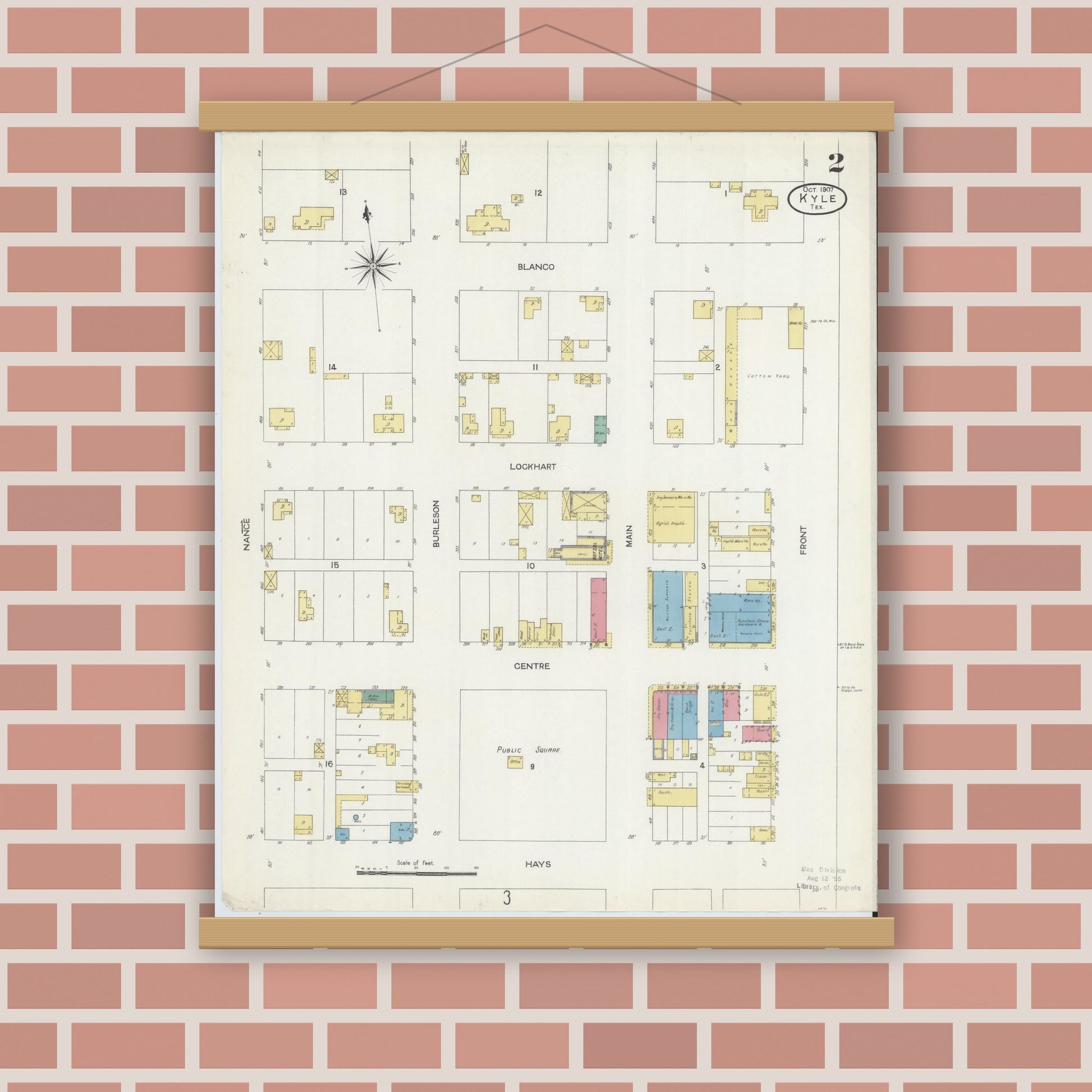 Old map wall art mockup — magnetic wood frame on brick wall — Sanborn Fire Insurance Map from Kyle, Hays County, Texas (1907), Sheet #0002