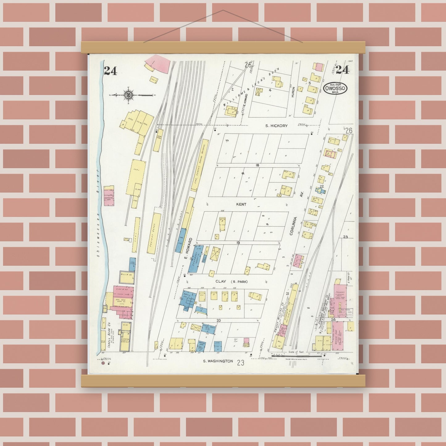 Old map wall art mockup — magnetic wood frame on brick wall — Sanborn Fire Insurance Map from Owosso, Shiawassee County, Michigan (1924), Sheet #0024