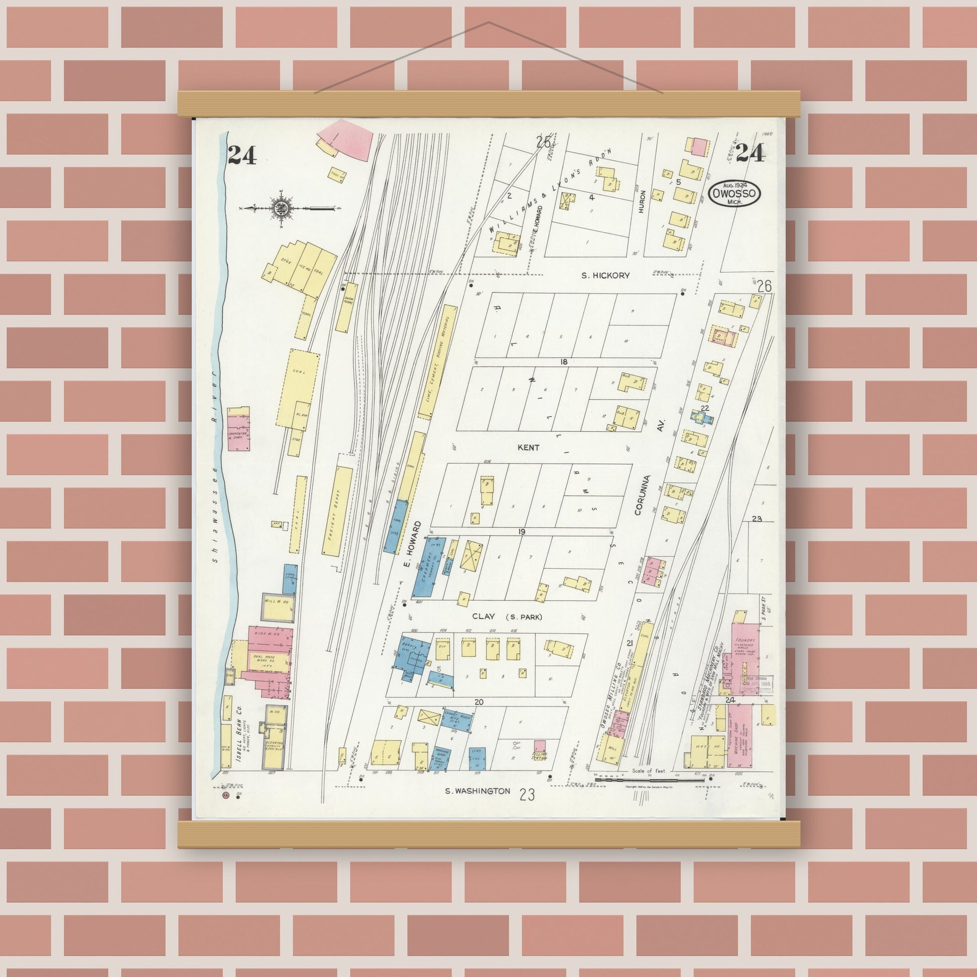 Old map wall art mockup — magnetic wood frame on brick wall — Sanborn Fire Insurance Map from Owosso, Shiawassee County, Michigan (1924), Sheet #0024