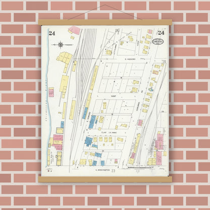 Old map wall art mockup — magnetic wood frame on brick wall — Sanborn Fire Insurance Map from Owosso, Shiawassee County, Michigan (1924), Sheet #0024