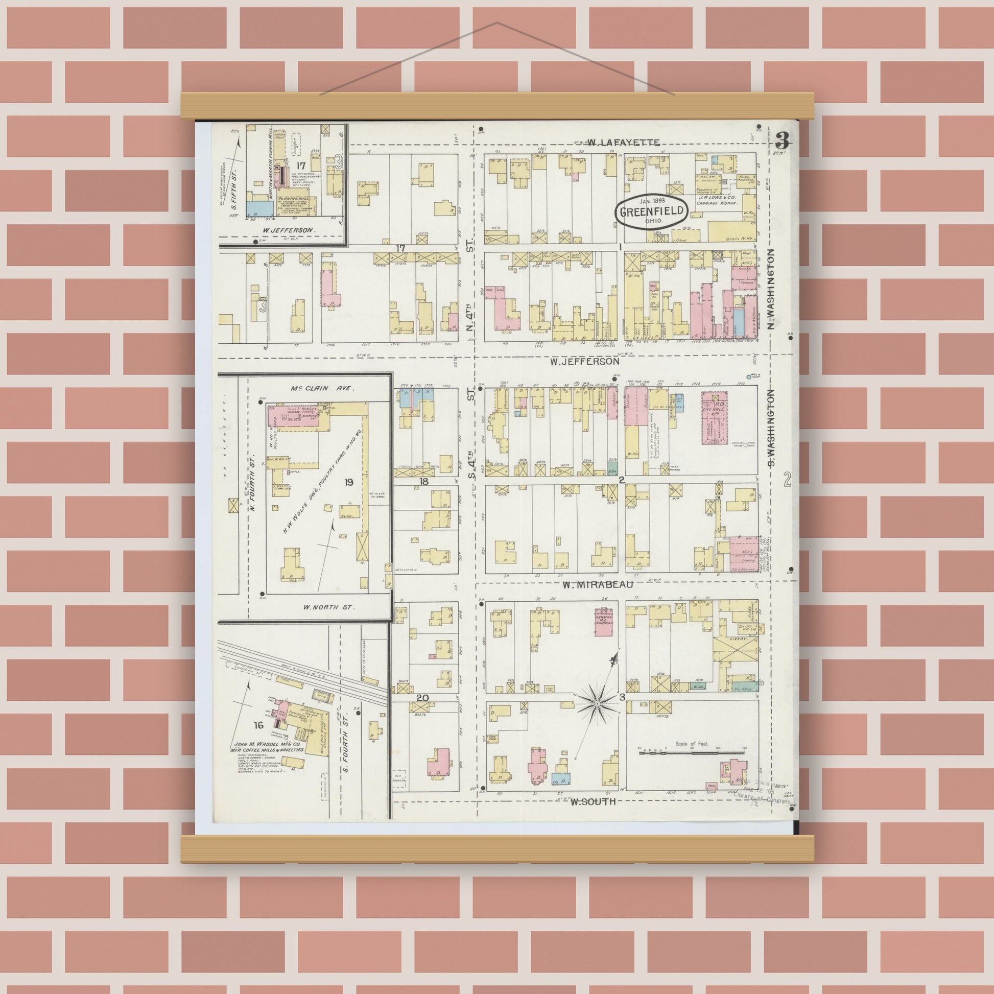 Old map wall art mockup — magnetic wood frame on brick wall — Sanborn Fire Insurance Map from Greenfield, Highland County, Ohio (1893), Sheet #0003
