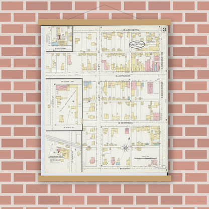 Old map wall art mockup — magnetic wood frame on brick wall — Sanborn Fire Insurance Map from Greenfield, Highland County, Ohio (1893), Sheet #0003