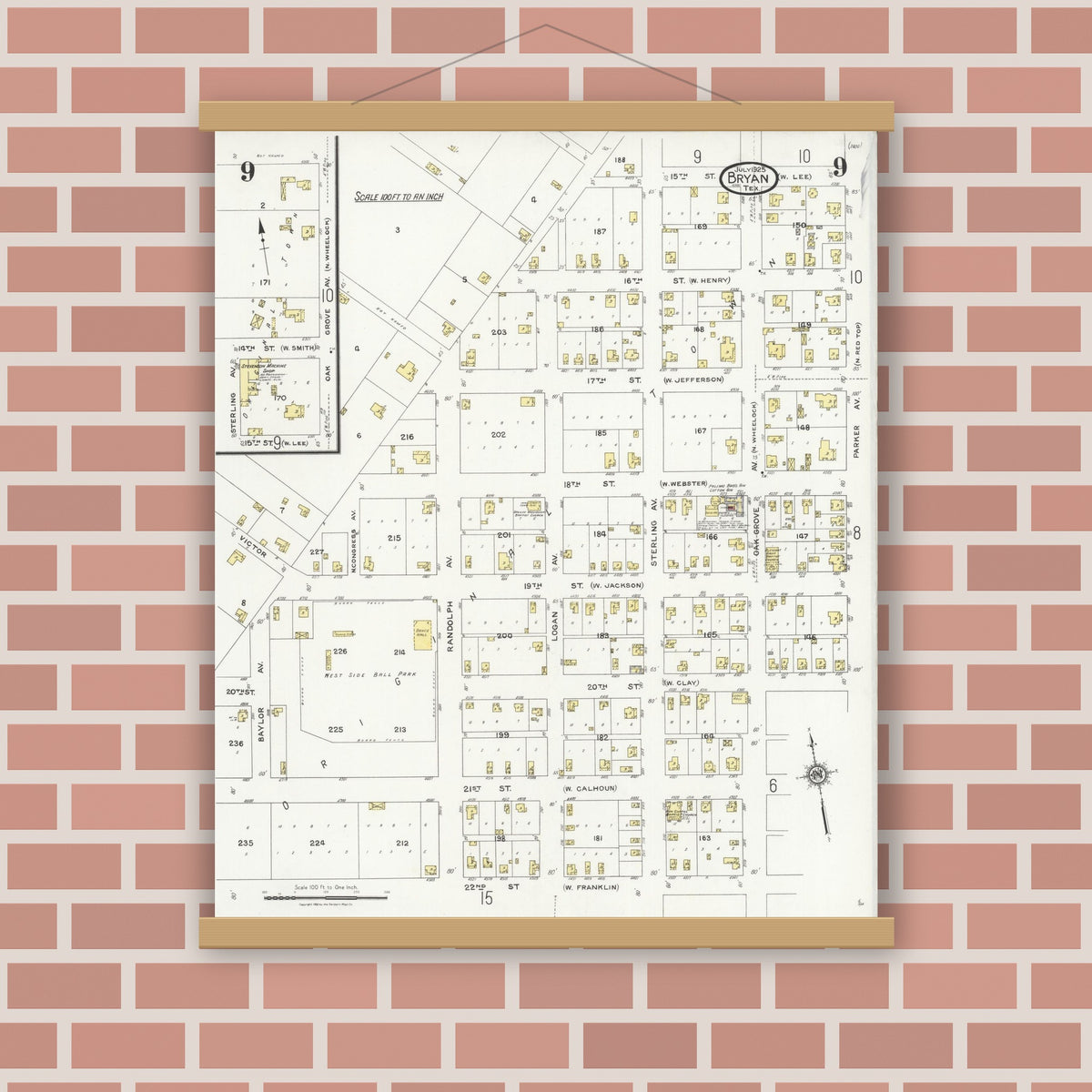 Old map wall art mockup — magnetic wood frame on brick wall — Sanborn Fire Insurance Map from Bryan, Brazos County, Texas (1925), Sheet #0009