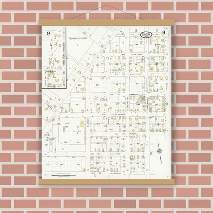 Old map wall art mockup — magnetic wood frame on brick wall — Sanborn Fire Insurance Map from Bryan, Brazos County, Texas (1925), Sheet #0009