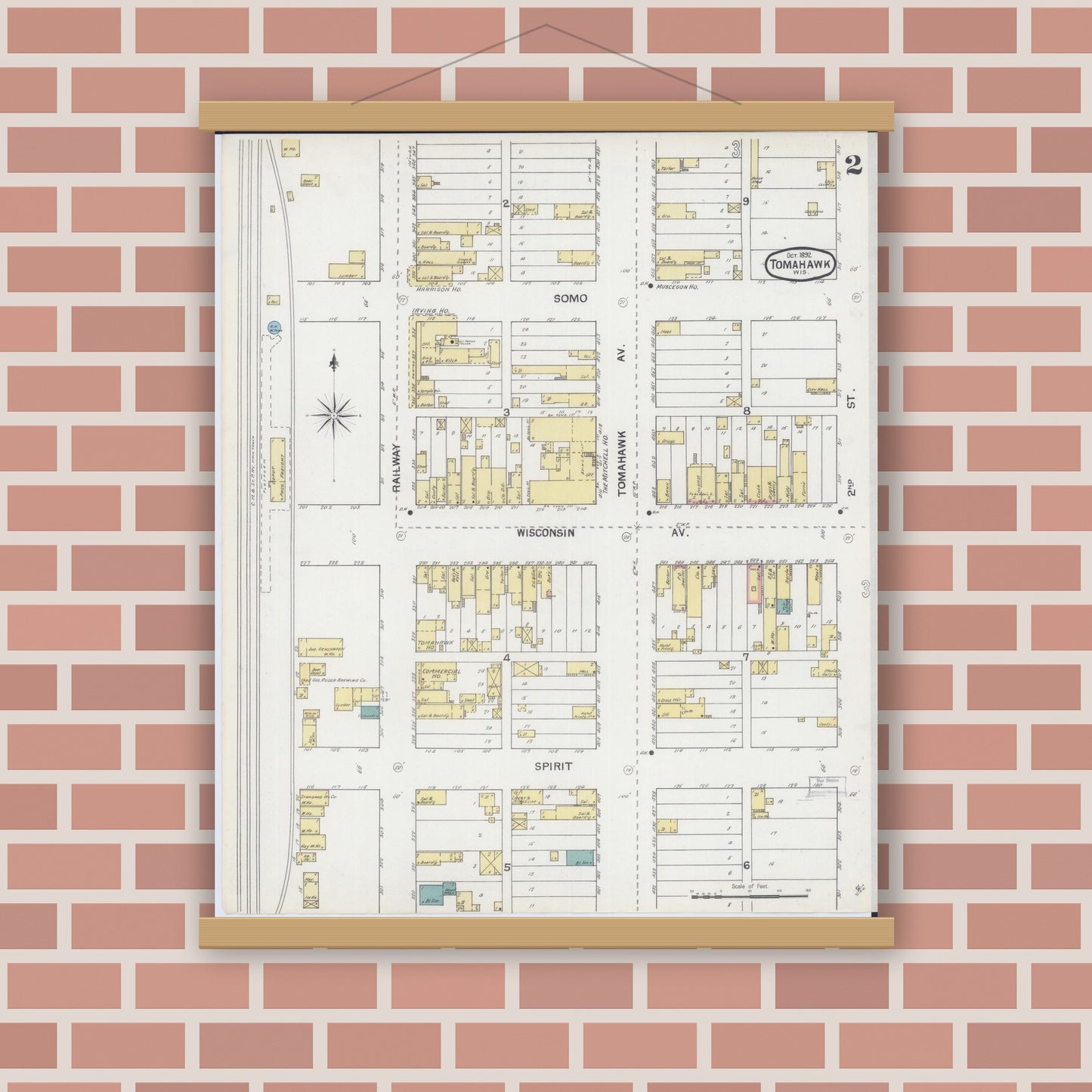 Old map wall art mockup — magnetic wood frame on brick wall — Sanborn Fire Insurance Map from Tomahawk, Lincoln County, Wisconsin (1892), Sheet #0002