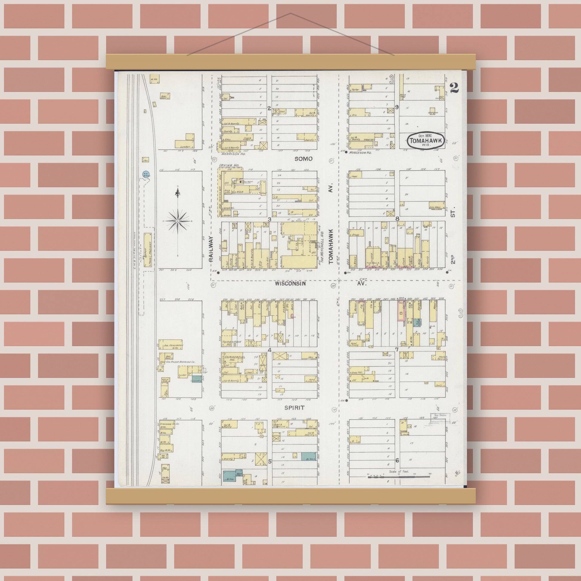Old map wall art mockup — magnetic wood frame on brick wall — Sanborn Fire Insurance Map from Tomahawk, Lincoln County, Wisconsin (1892), Sheet #0002