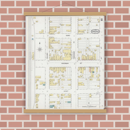 Old map wall art mockup — magnetic wood frame on brick wall — Sanborn Fire Insurance Map from Tomahawk, Lincoln County, Wisconsin (1892), Sheet #0002