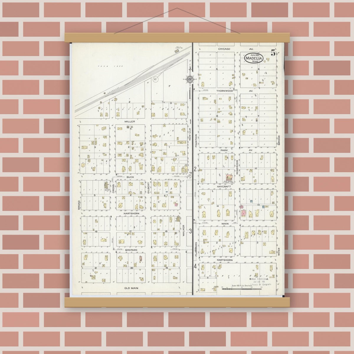 Old map wall art mockup — magnetic wood frame on brick wall — Sanborn Fire Insurance Map from Madelia, Watonwan County, Minnesota (1914), Sheet #0005