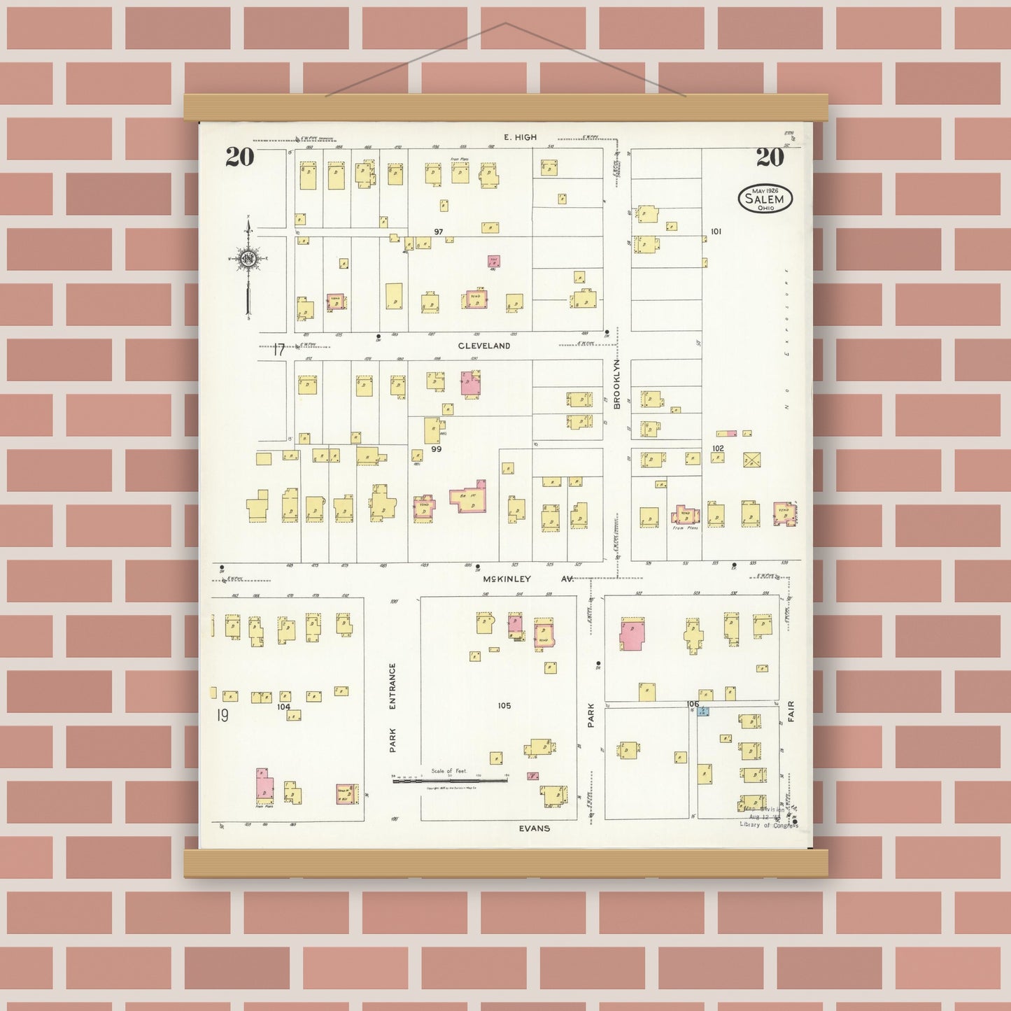 Old map wall art mockup — magnetic wood frame on brick wall — Sanborn Fire Insurance Map from Salem, Columbiana County, Ohio (1926), Sheet #0020