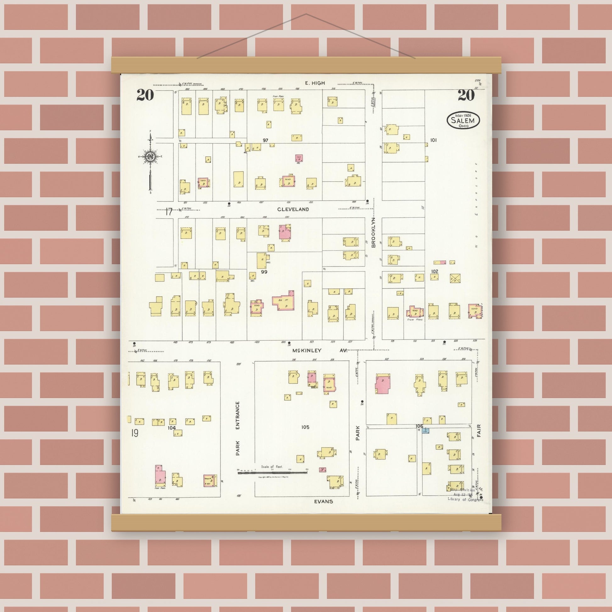 Old map wall art mockup — magnetic wood frame on brick wall — Sanborn Fire Insurance Map from Salem, Columbiana County, Ohio (1926), Sheet #0020
