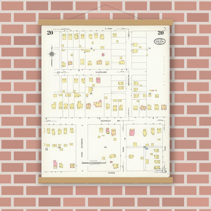 Old map wall art mockup — magnetic wood frame on brick wall — Sanborn Fire Insurance Map from Salem, Columbiana County, Ohio (1926), Sheet #0020