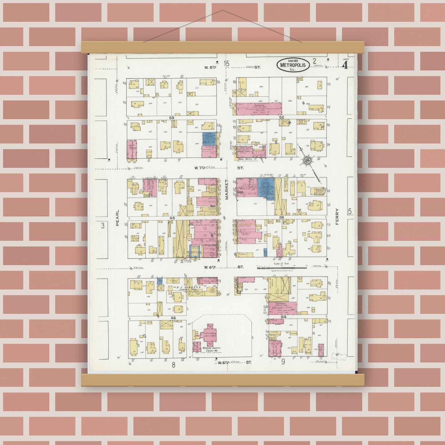 Old map wall art mockup — magnetic wood frame on brick wall — Sanborn Fire Insurance Map from Metropolis, Massac County, Illinois (1921), Sheet #0004