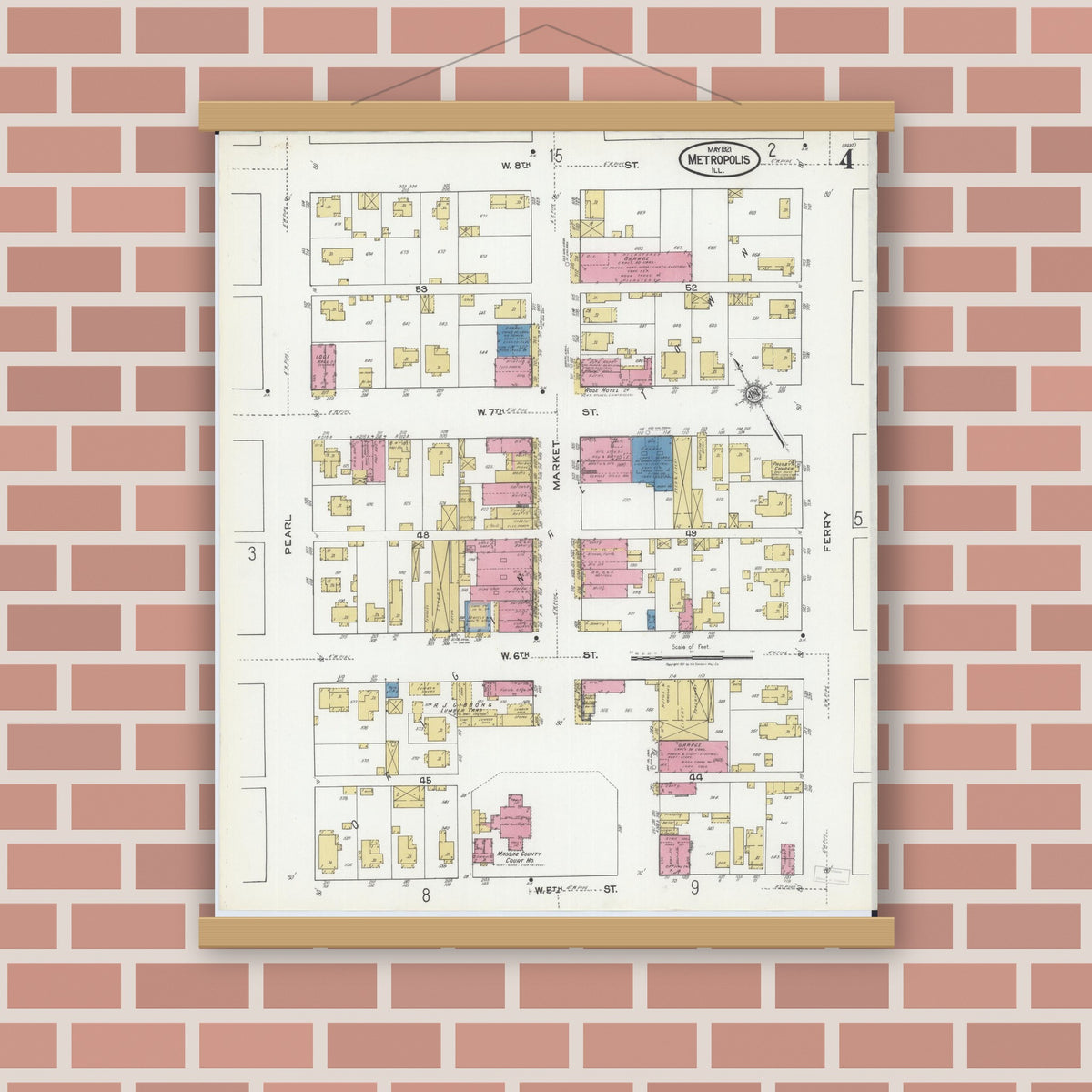 Old map wall art mockup — magnetic wood frame on brick wall — Sanborn Fire Insurance Map from Metropolis, Massac County, Illinois (1921), Sheet #0004