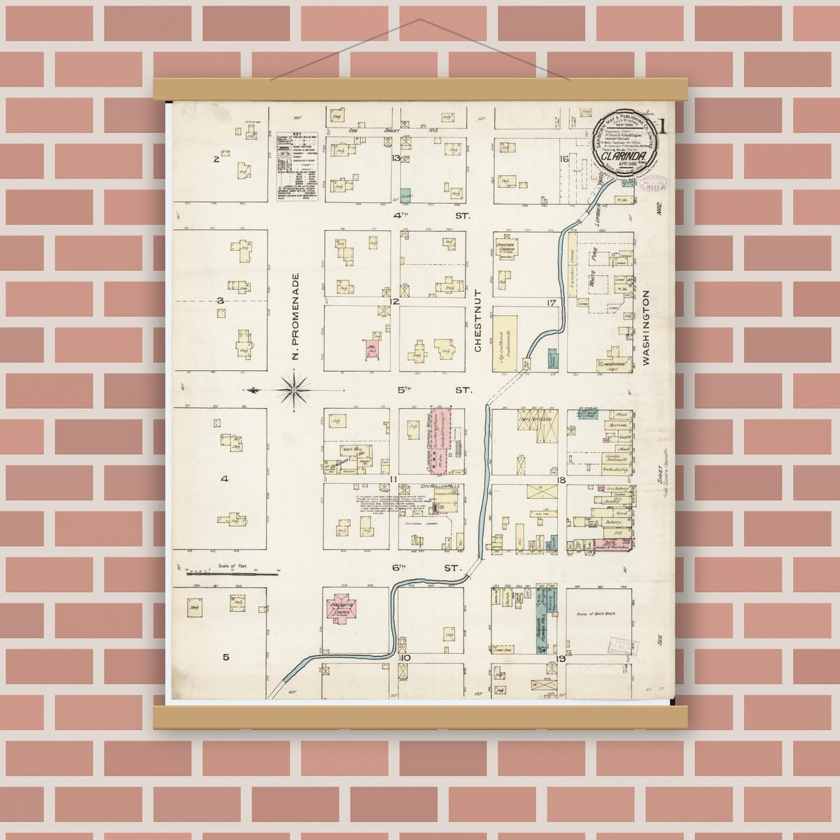 Old map wall art mockup — magnetic wood frame on brick wall — Sanborn Fire Insurance Map from Clarinda, Page County, Iowa (1886) â€” Complete Set