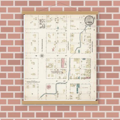 Old map wall art mockup — magnetic wood frame on brick wall — Sanborn Fire Insurance Map from Clarinda, Page County, Iowa (1886) â€” Complete Set