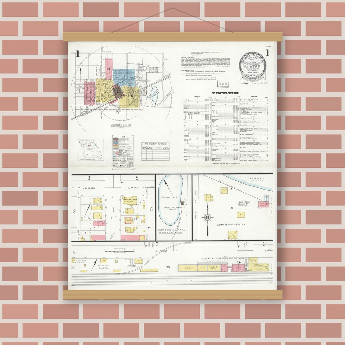 Old map wall art mockup — magnetic wood frame on brick wall — Sanborn Fire Insurance Map from Slater, Saline County, Missouri (1933) - Complete Map Set