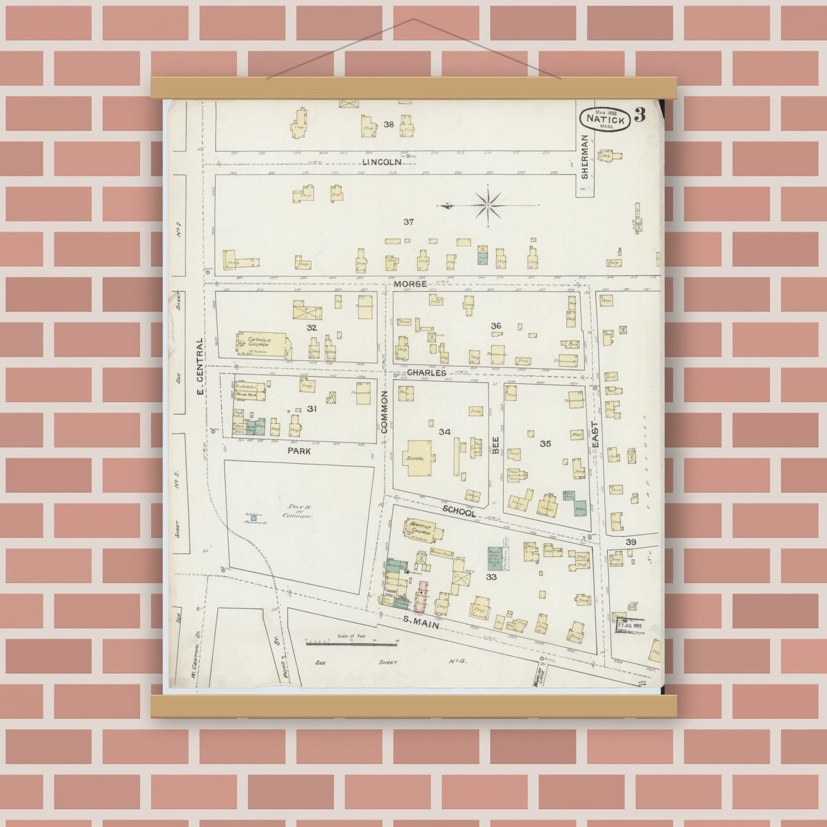 Old map wall art mockup — magnetic wood frame on brick wall — Sanborn Fire Insurance Map from Natick, Middlesex County, Massachusetts (1888), Sheet #0003