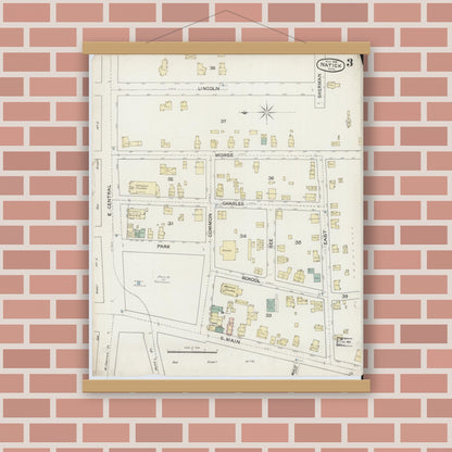 Old map wall art mockup — magnetic wood frame on brick wall — Sanborn Fire Insurance Map from Natick, Middlesex County, Massachusetts (1888), Sheet #0003