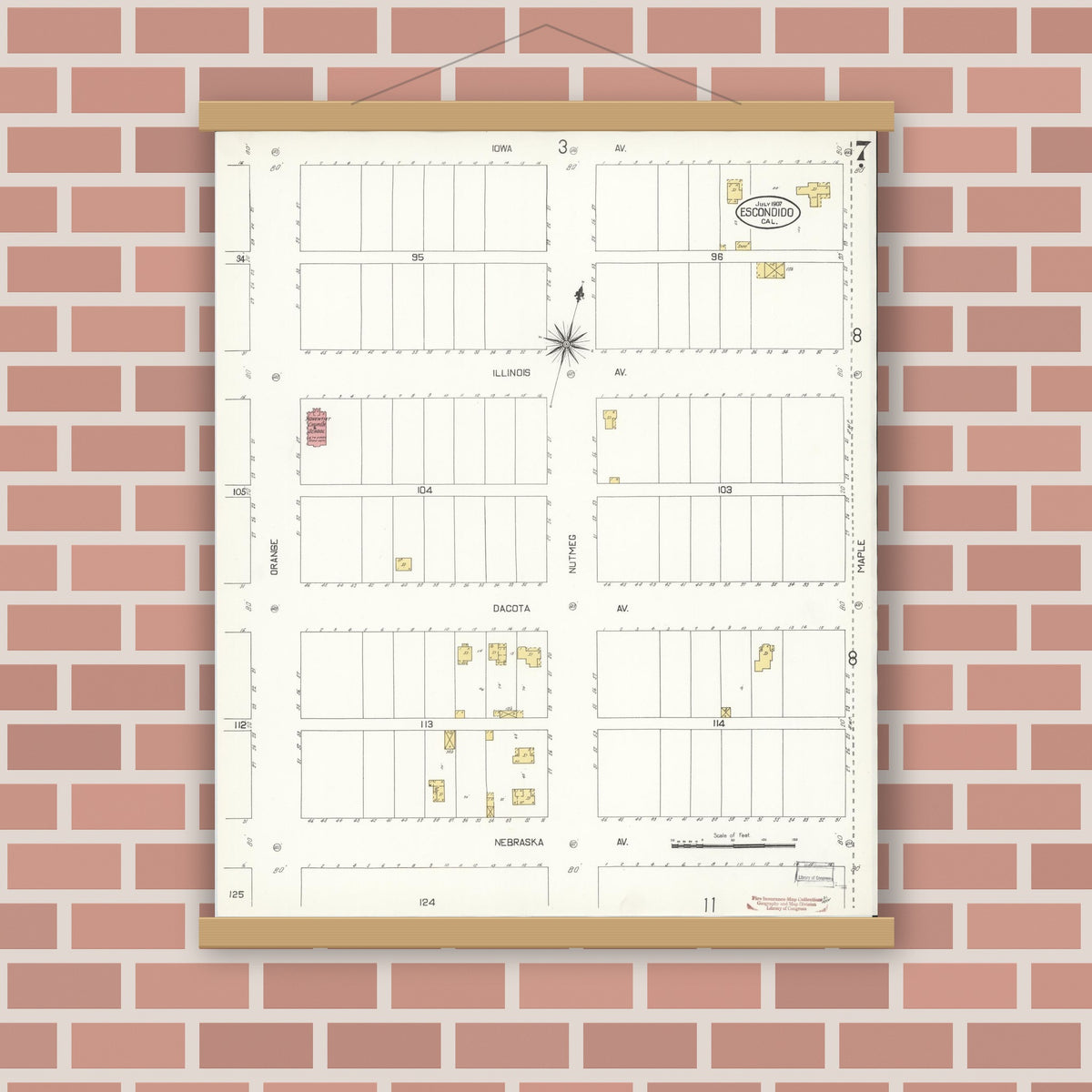 Old map wall art mockup — magnetic wood frame on brick wall — Sanborn Fire Insurance Map from Escondido, San Diego County, California (1907), Sheet #0007