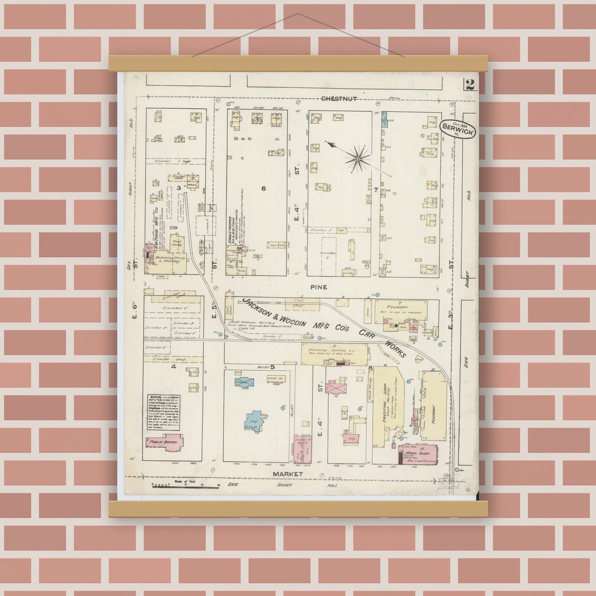 Old map wall art mockup — magnetic wood frame on brick wall — Sanborn Fire Insurance Map from Berwick, Columbia County, Pennsylvania (1884), Sheet #0002