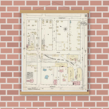 Old map wall art mockup — magnetic wood frame on brick wall — Sanborn Fire Insurance Map from Berwick, Columbia County, Pennsylvania (1884), Sheet #0002