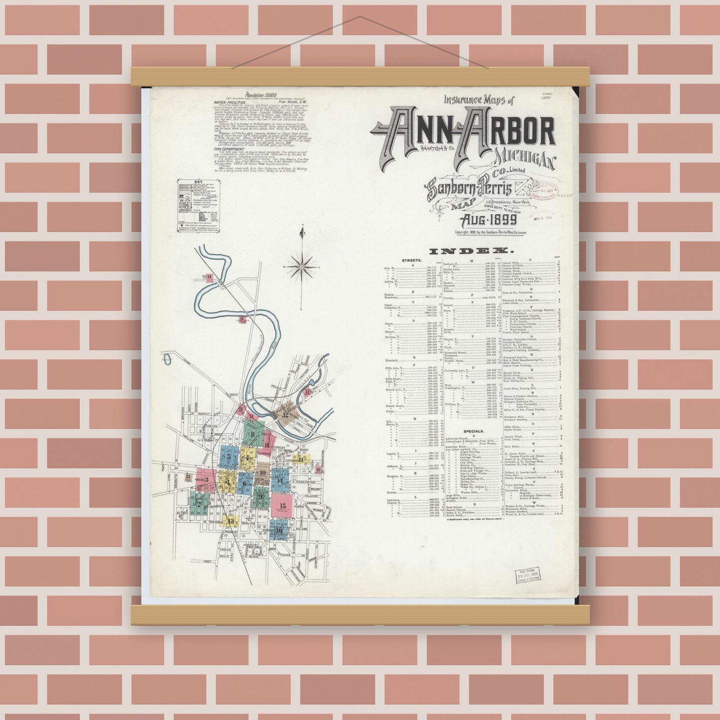 Old map wall art mockup — magnetic wood frame on brick wall — Sanborn Fire Insurance Map from Ann Arbor, Washtenaw County, Michigan (1899) - Complete Map Set