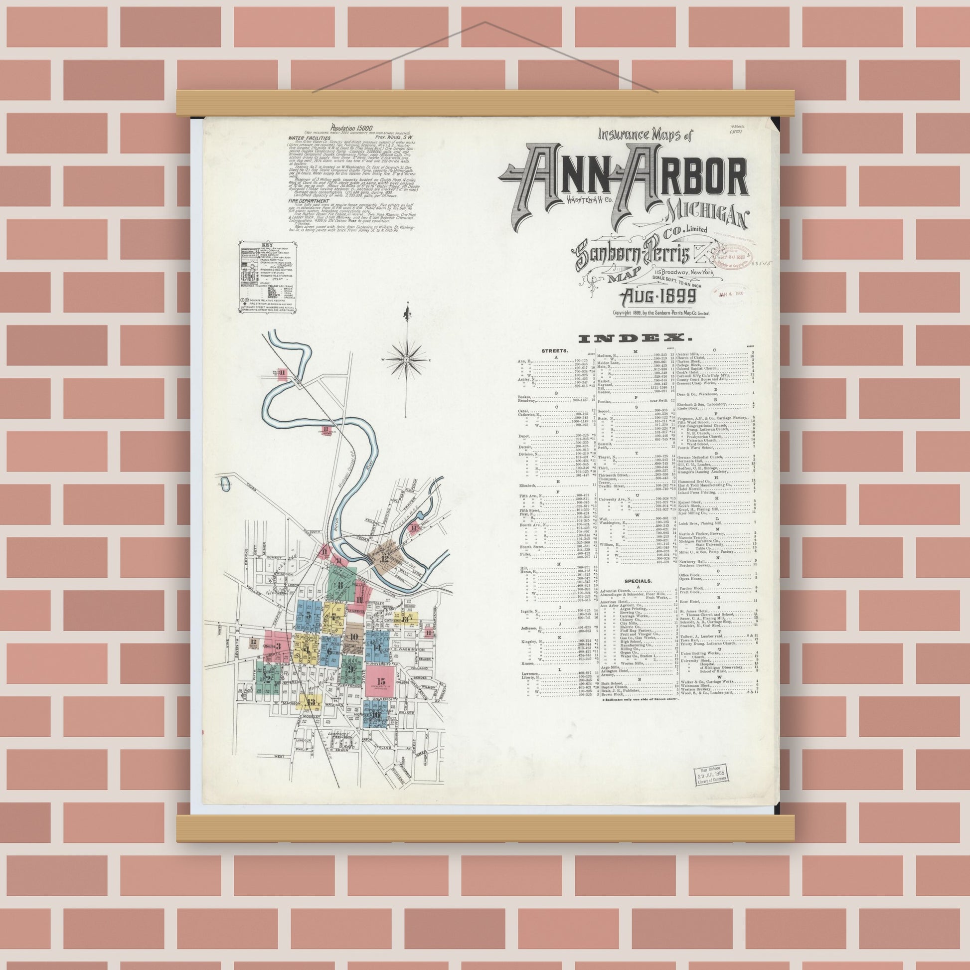 Old map wall art mockup — magnetic wood frame on brick wall — Sanborn Fire Insurance Map from Ann Arbor, Washtenaw County, Michigan (1899) - Complete Map Set