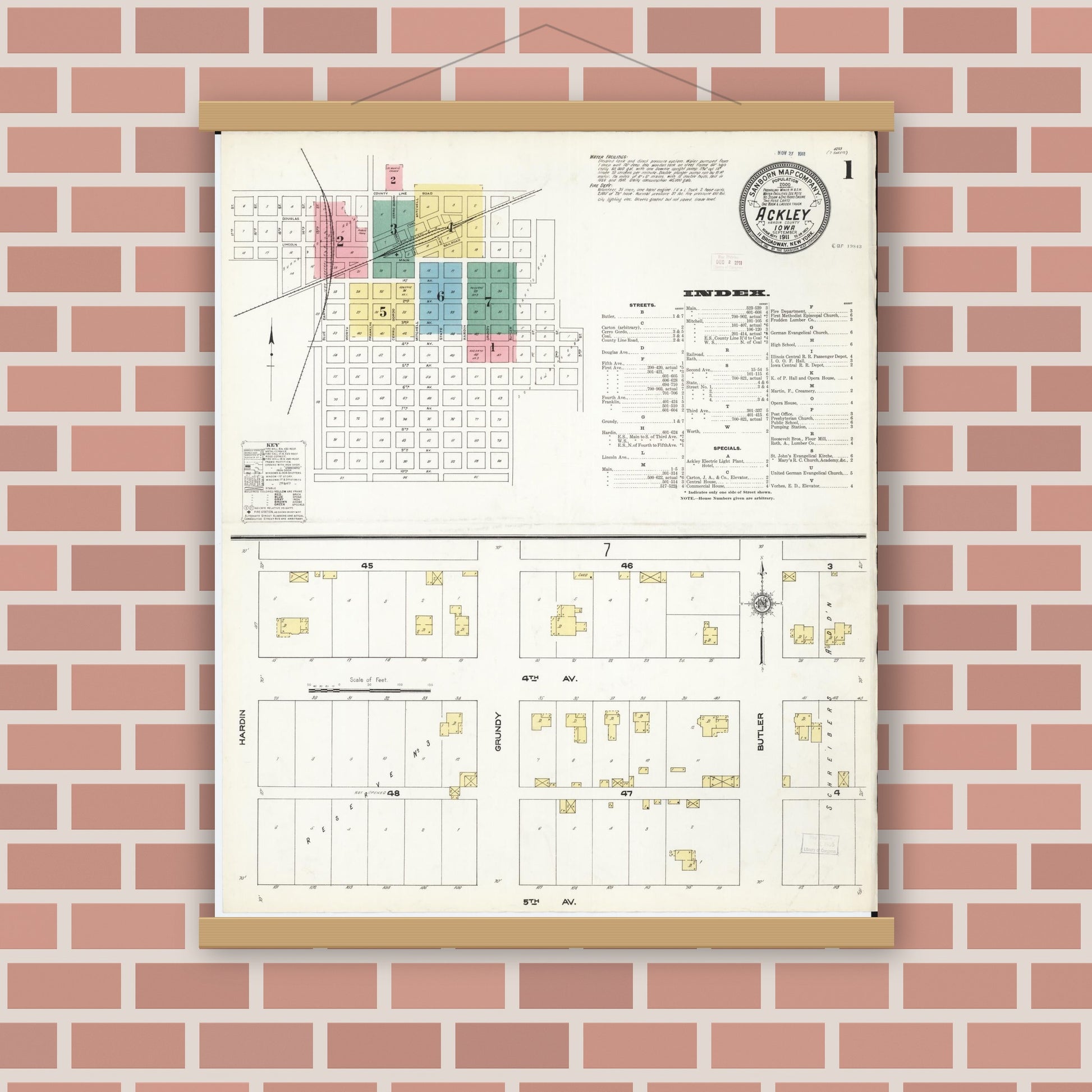 Old map wall art mockup — magnetic wood frame on brick wall — Sanborn Fire Insurance Map from Ackley, Hardin and Franklin Counties, Iowa (1911) â€” Complete Set
